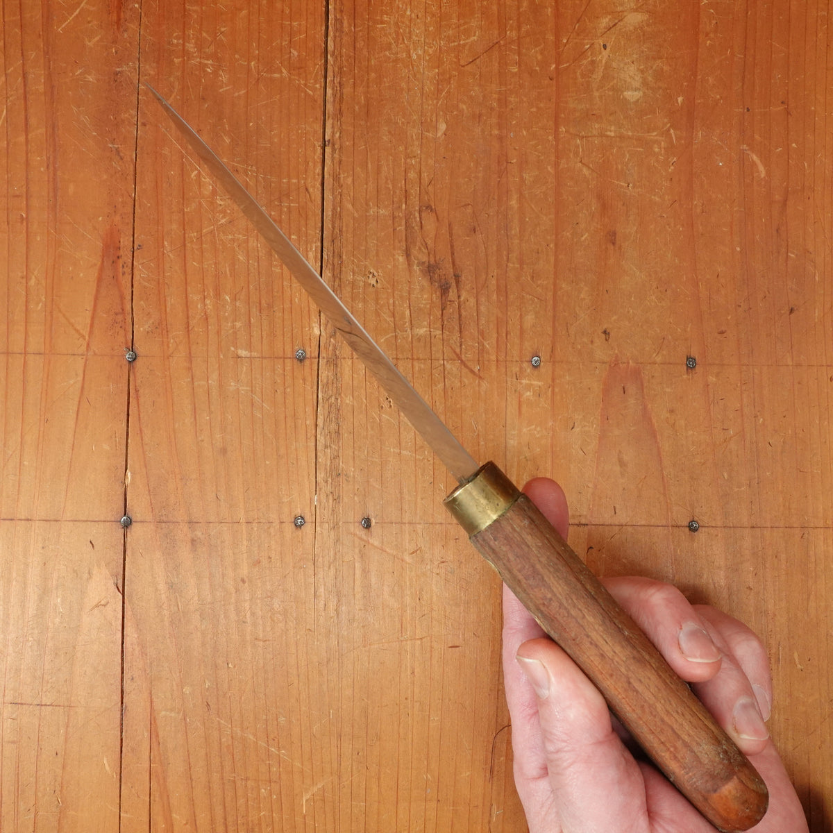 New Old Stock Pino Extra 6" Chef Knife Carbon Beech Wood & Brass Handle Maniago, Italy ~1950s 60s