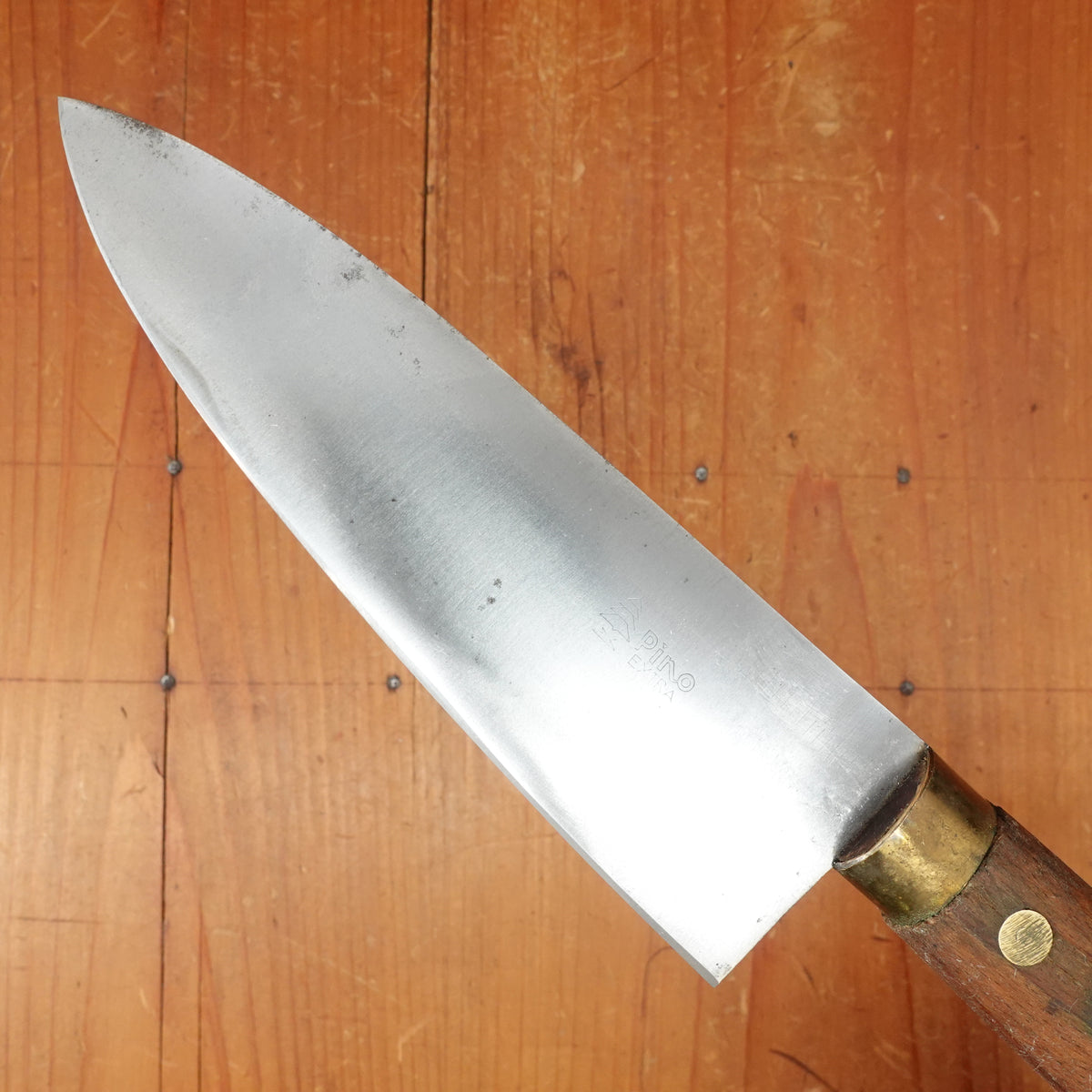 New Old Stock Pino Extra 6" Chef Knife Carbon Beech Wood & Brass Handle Maniago, Italy ~1950s 60s