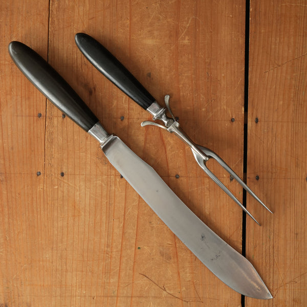 J Russell Green River Works 2pc Carving Set Integral Bolsters Gutta Percha Handles 1880s-1900