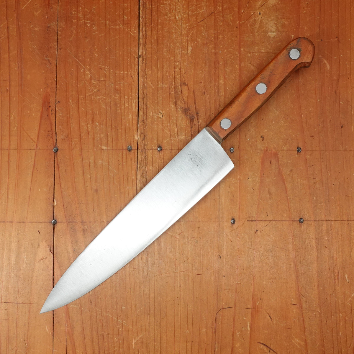 New Old Stock Mazzoli Chiasais 7.75" Chef Knife Carbon Cherry Handle Maniago, Italy ~1950s 60s