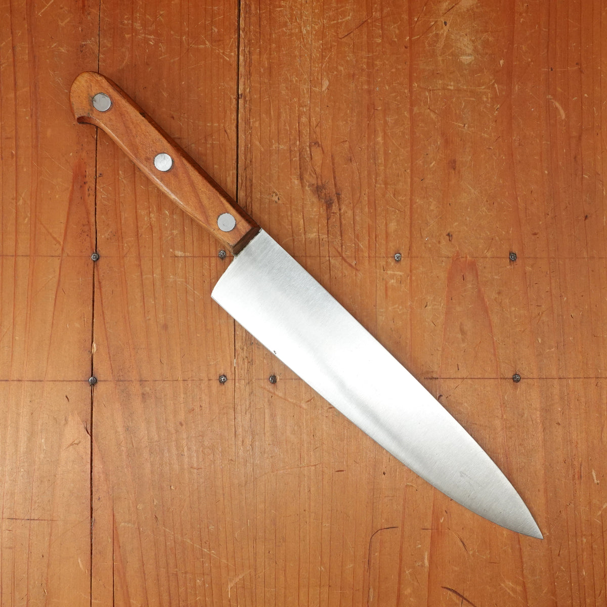 New Old Stock Mazzoli Chiasais 7.75" Chef Knife Carbon Cherry Handle Maniago, Italy ~1950s 60s