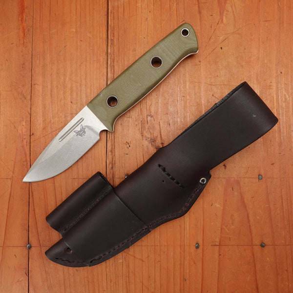 Benchmade 165-1 Mini Bushcrafter 3.4" Drop Point CPM-S30V Fixed Blade OD Green G10 Handle with Leather Sheath