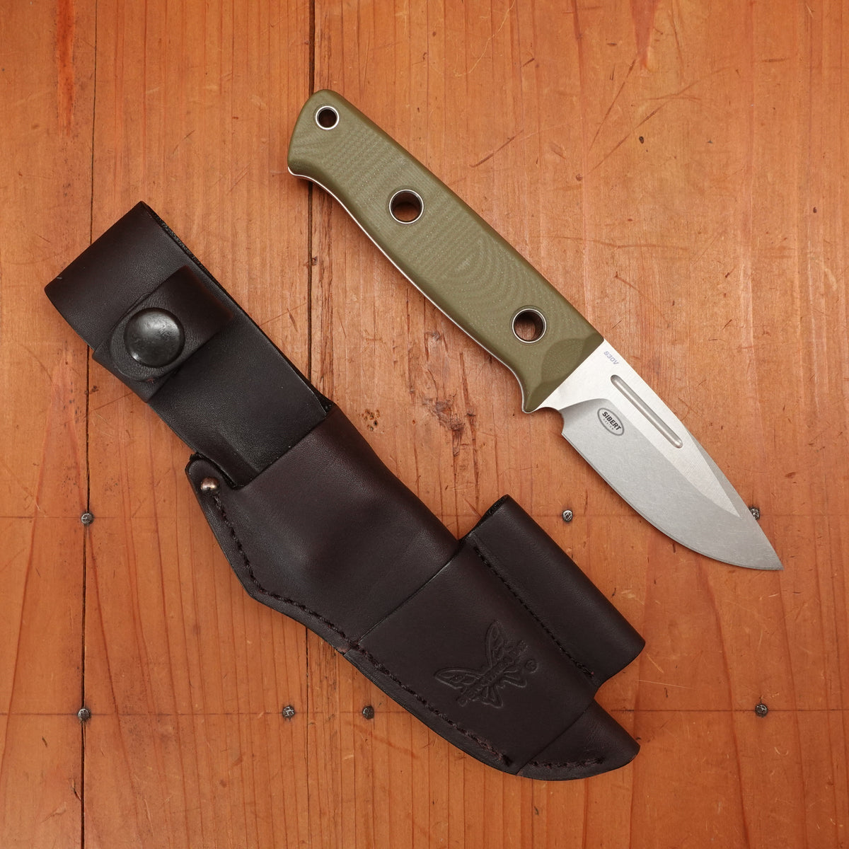 Benchmade 165-1 Mini Bushcrafter 3.4" Drop Point CPM-S30V Fixed Blade OD Green G10 Handle with Leather Sheath