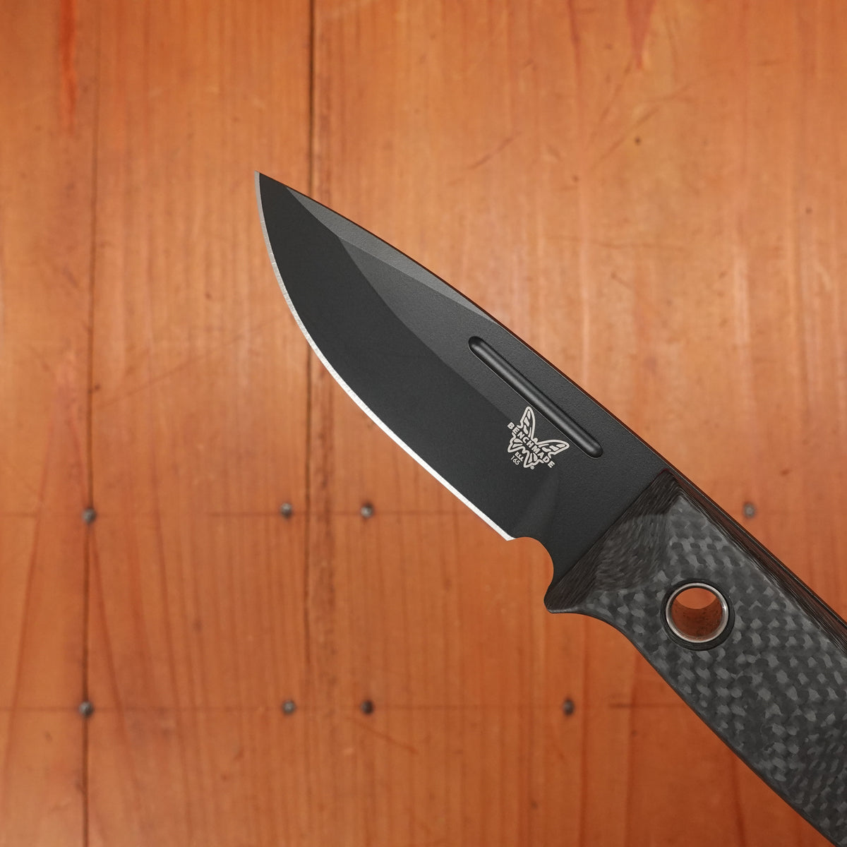 Benchmade 165BK Mini Bushcrafter 3.4" Drop Point CPM-Cruwear Super Strong Tool Steel Fixed Blade Carbon Fiber Handle with Sheath