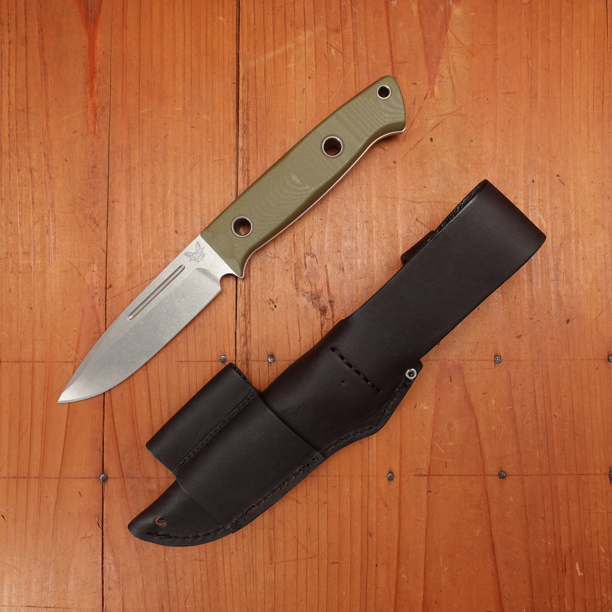 Benchmade 163-1 Bushcrafter 4.3" Drop Point CPM-S30V Fixed Blade OD Green G10 Handle with Leather Sheath