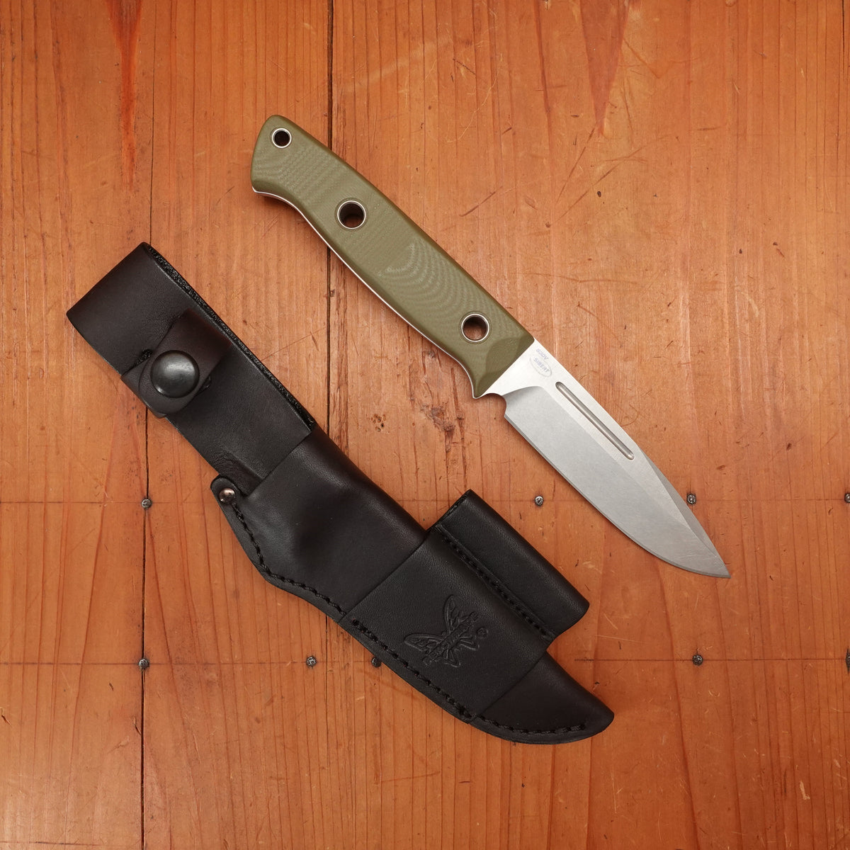 Benchmade 163-1 Bushcrafter 4.3" Drop Point CPM-S30V Fixed Blade OD Green G10 Handle with Leather Sheath