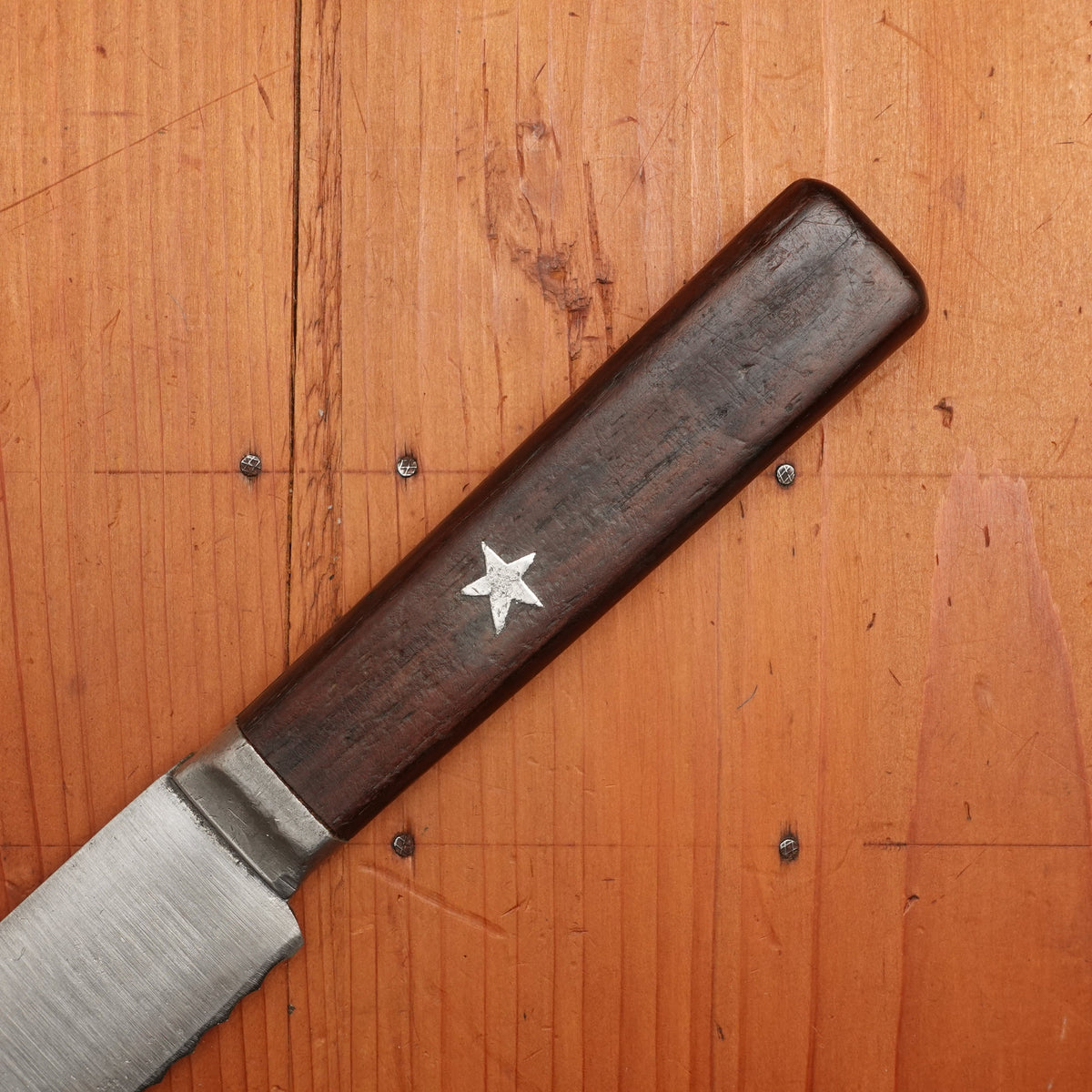Unmarked Serrated 10" Knife Carbon Steel Star Inlay Re-Ground from American Cheese Knife 1890-30s