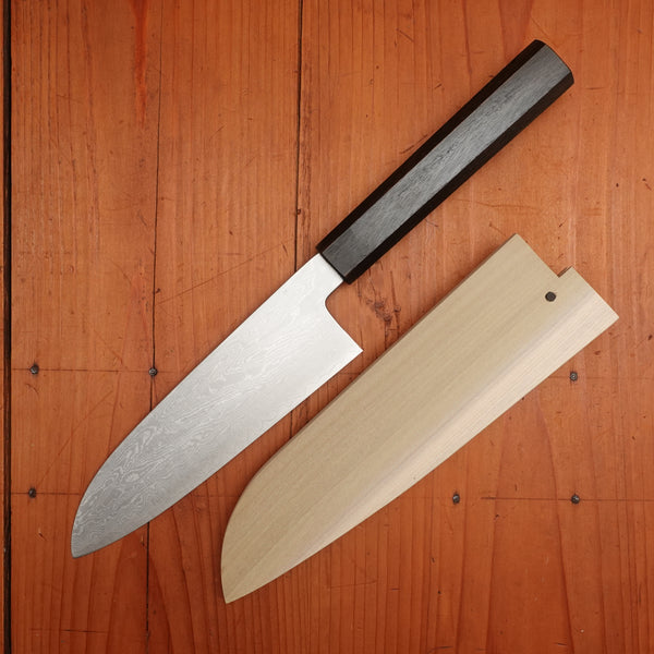 Sakai Kikumori Nakagawa V10 180mm Santoku VG-10 Damascus Oak Handle with Saya