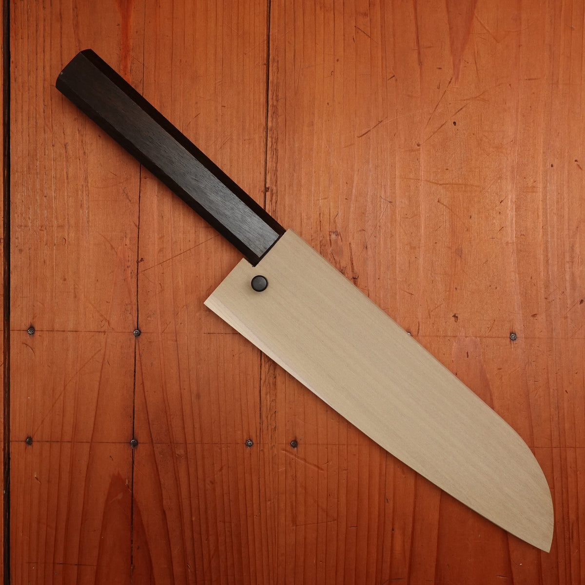 Sakai Kikumori Nakagawa V10 180mm Santoku VG-10 Damascus Oak Handle with Saya