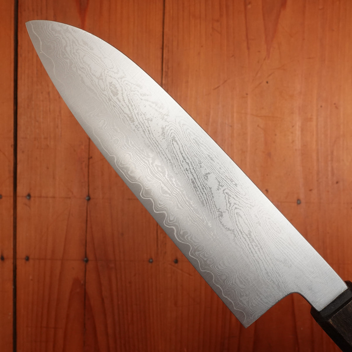 Sakai Kikumori Nakagawa V10 180mm Santoku VG-10 Damascus Oak Handle with Saya