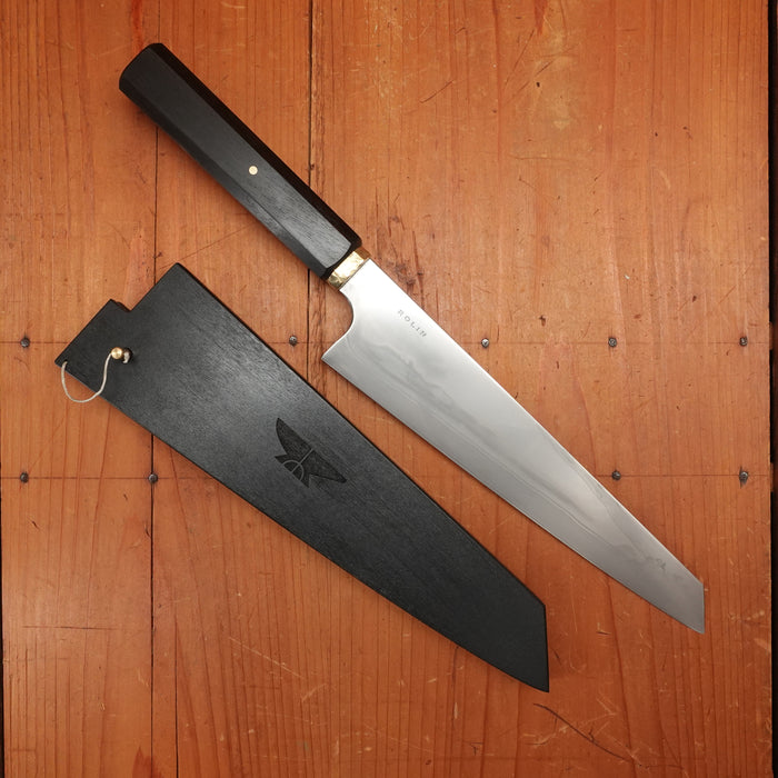 Rolin Knives Honyaki 205mm Garasuki W2 Ebony & Textured Brass with Saya