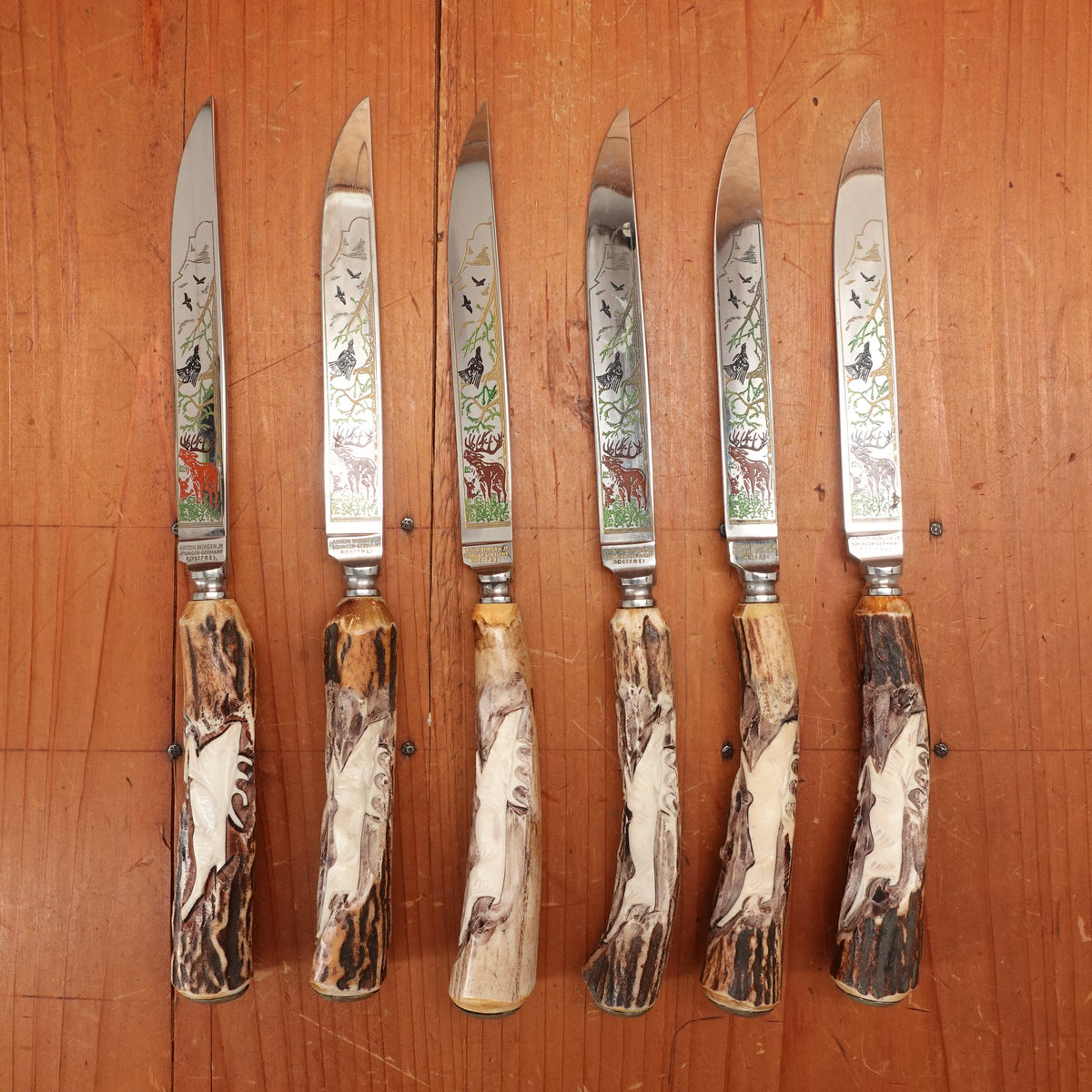 Anton Wingen Jr 6pc Steak Knife Set Forged Stainless Carved Stag Solingen 1960-70s