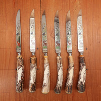 Anton Wingen Jr 6pc Steak Knife Set Forged Stainless Carved Stag Solingen 1960-70s