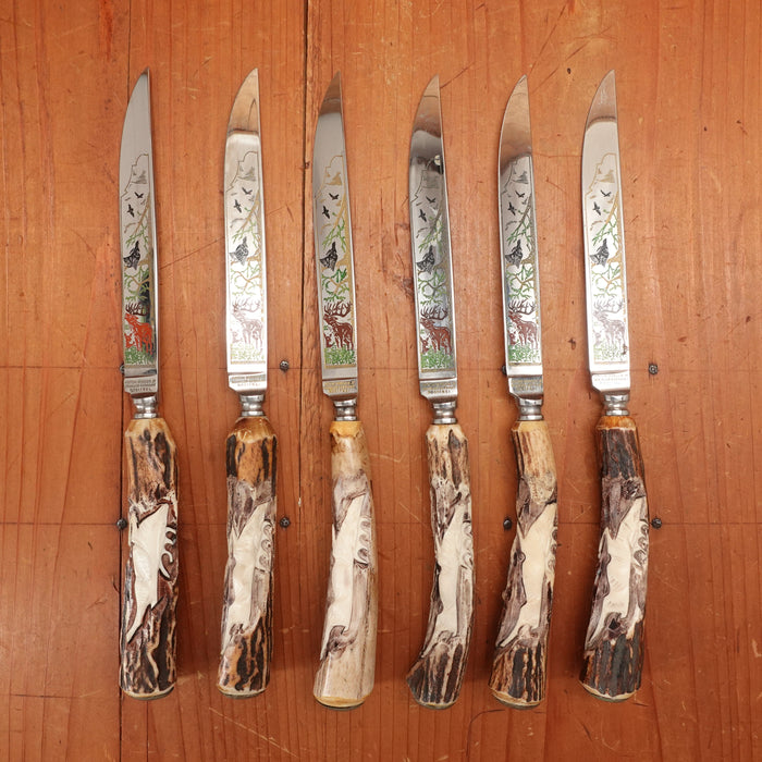 Anton Wingen Jr 6pc Steak Knife Set Forged Stainless Carved Stag Solingen 1960-70s