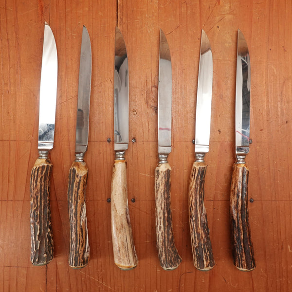Anton Wingen Jr 6pc Steak Knife Set Forged Stainless Carved Stag Solingen 1960-70s
