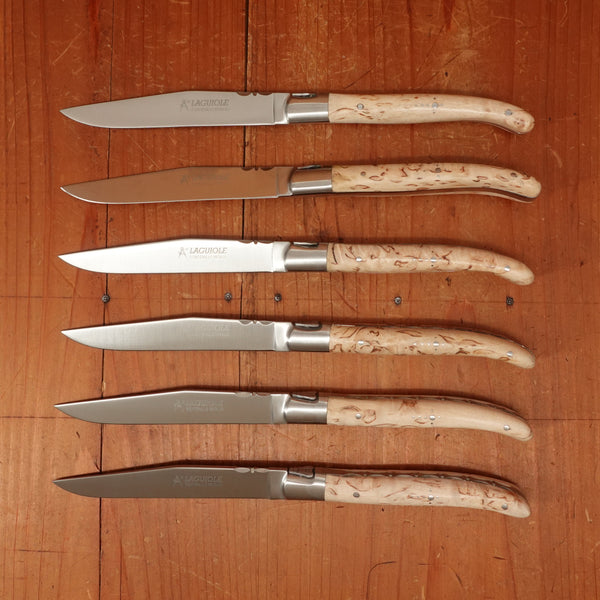Fontenille Pataud Laguiole Steak Knife Set Stainless Curly Birch Handles - 6 Pieces