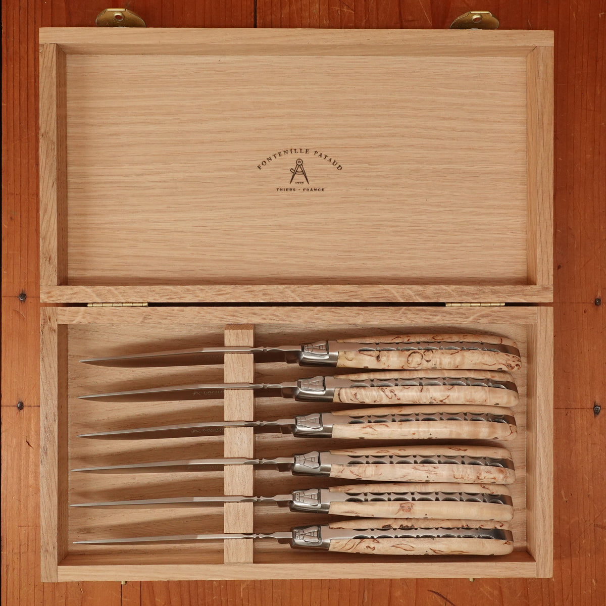 Fontenille Pataud Laguiole Steak Knife Set Stainless Curly Birch Handles - 6 Pieces