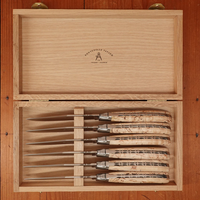 Fontenille Pataud Laguiole Steak Knife Set Stainless Curly Birch Handles - 6 Pieces