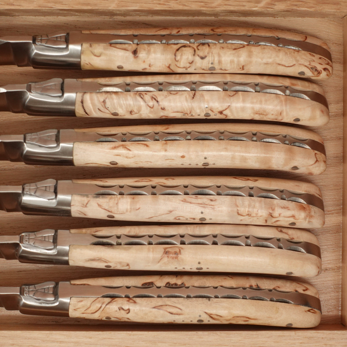 Fontenille Pataud Laguiole Steak Knife Set Stainless Curly Birch Handles - 6 Pieces