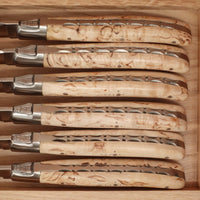 Fontenille Pataud Laguiole Steak Knife Set Stainless Curly Birch Handles - 6 Pieces