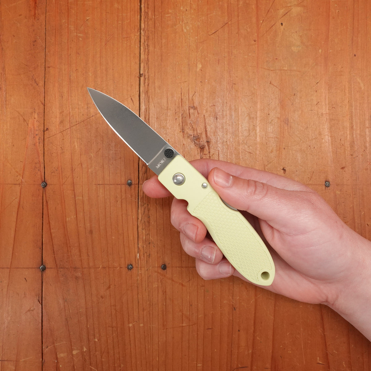 MOKI Coupe Folding Knife AUS-8 Lockback Grilon Cream Green Handle