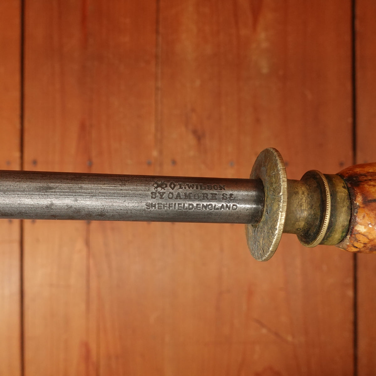 I Wilson 10" Sharpening Steel Carbon Steel Brass Stag 1890s-1920s