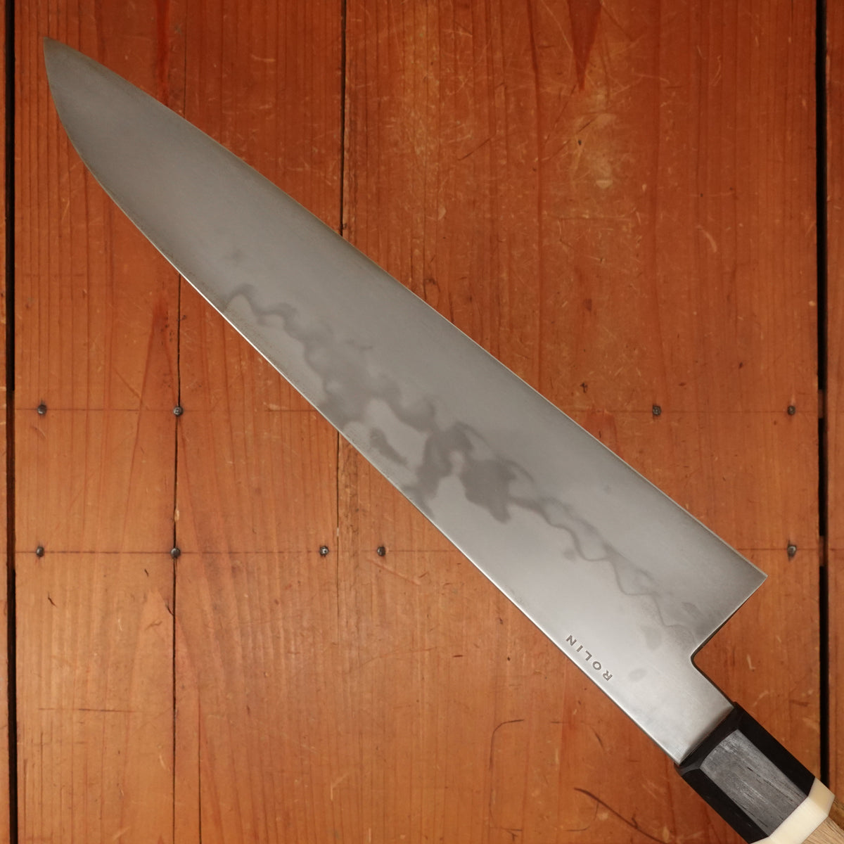 Rolin Knives 240mm Gyuto 26C3 Oil Quench Honyaki Octagonal Lignum Vitae Bone Blackwood Handle Cedar Saya