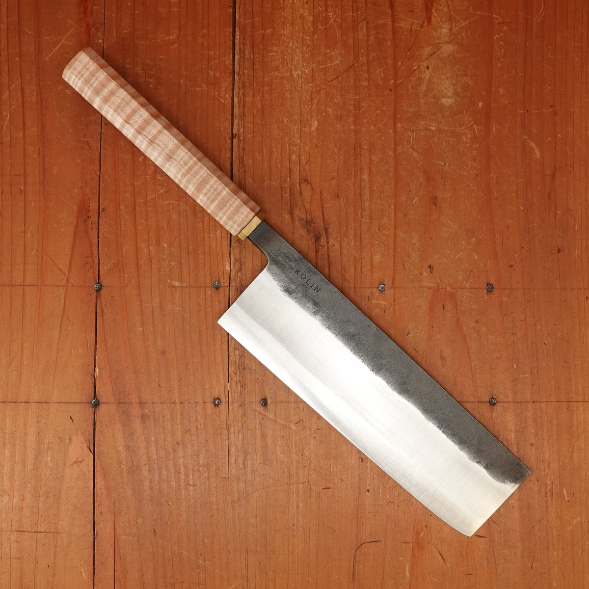 Rolin Knives 170mm Nakiri S Grind Lohman 124.19.05 Carbon Steel Stabilized Curly Maple Brass