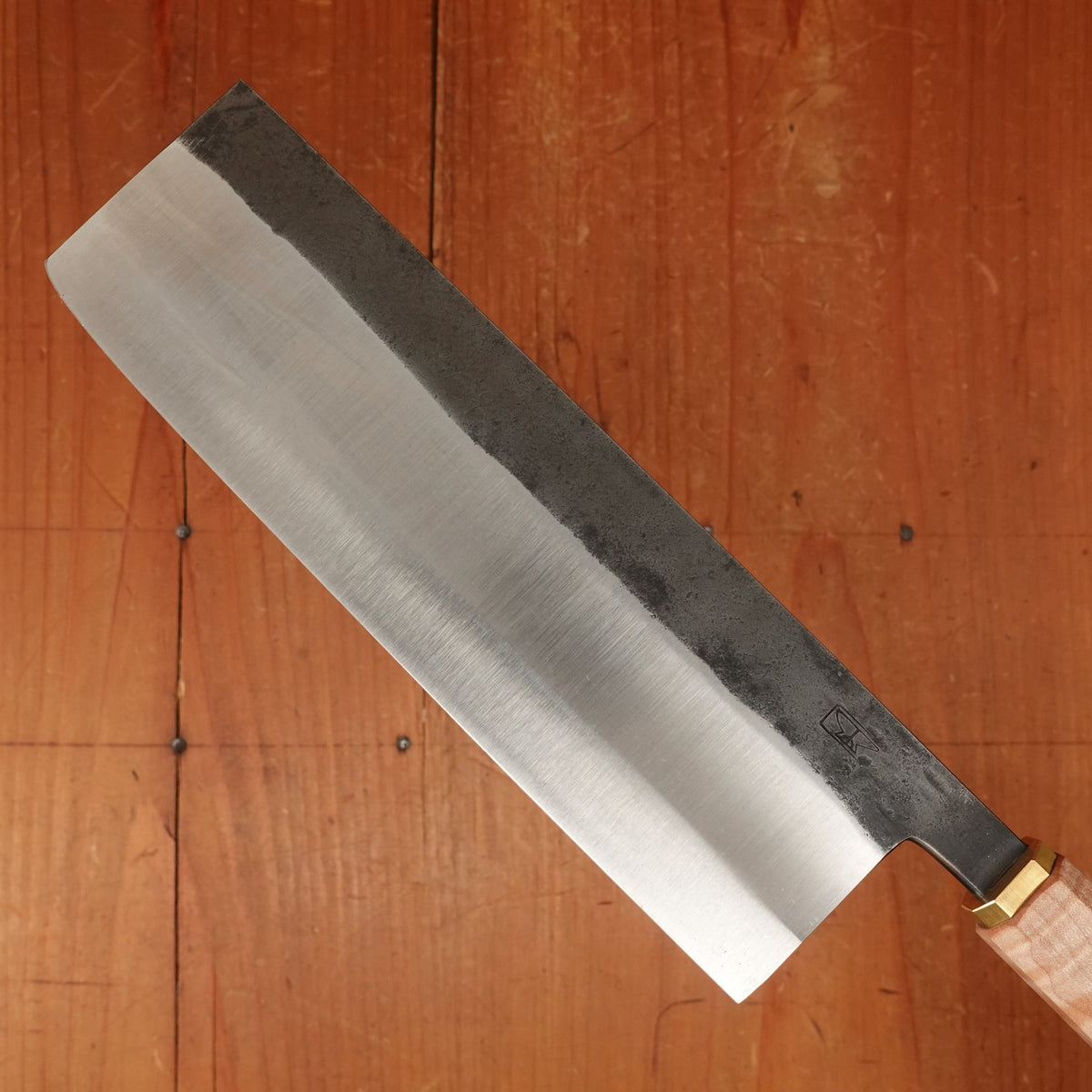 Rolin Knives 170mm Nakiri S Grind Lohman 124.19.05 Carbon Steel Stabilized Curly Maple Brass