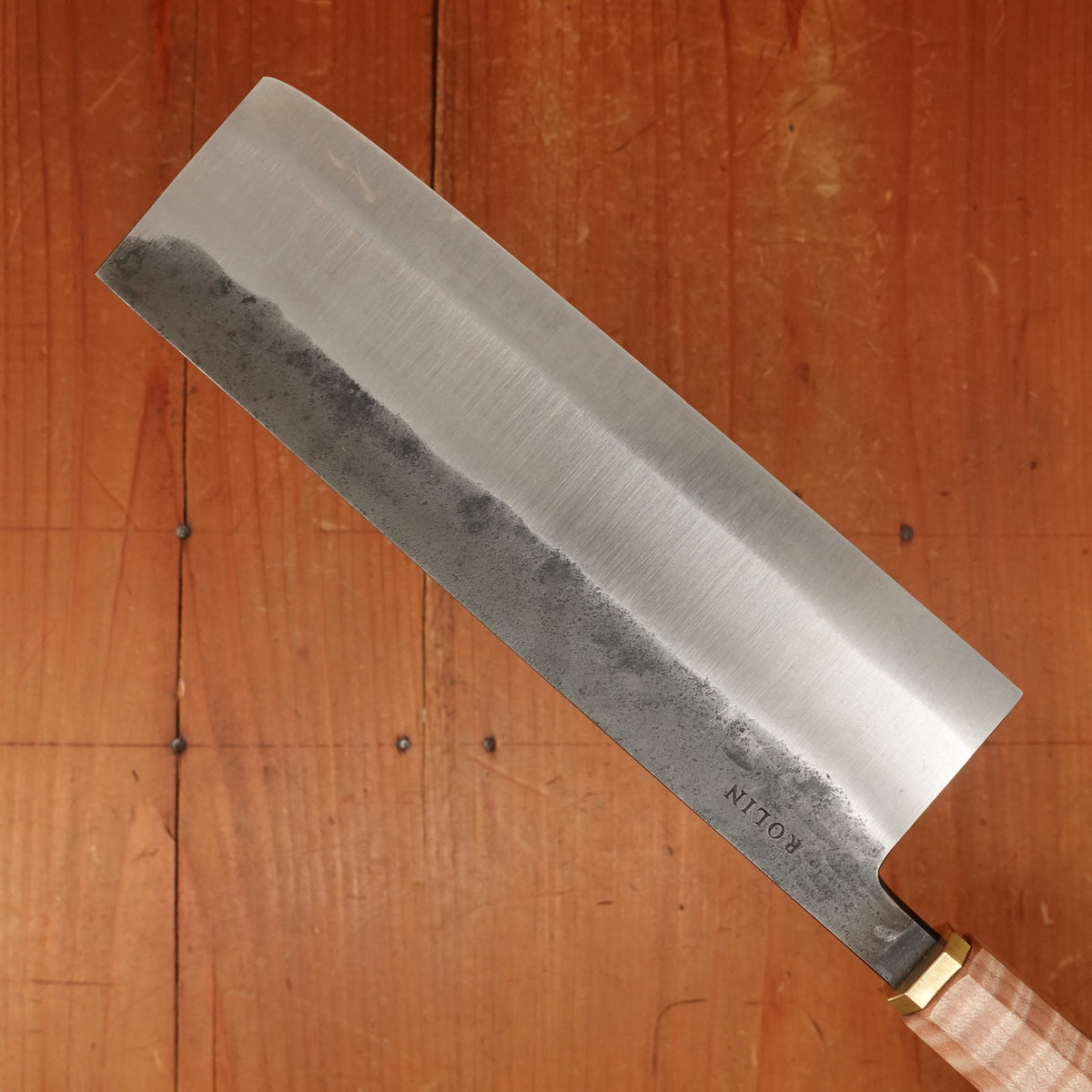 Rolin Knives 170mm Nakiri S Grind Lohman 124.19.05 Carbon Steel Stabilized Curly Maple Brass