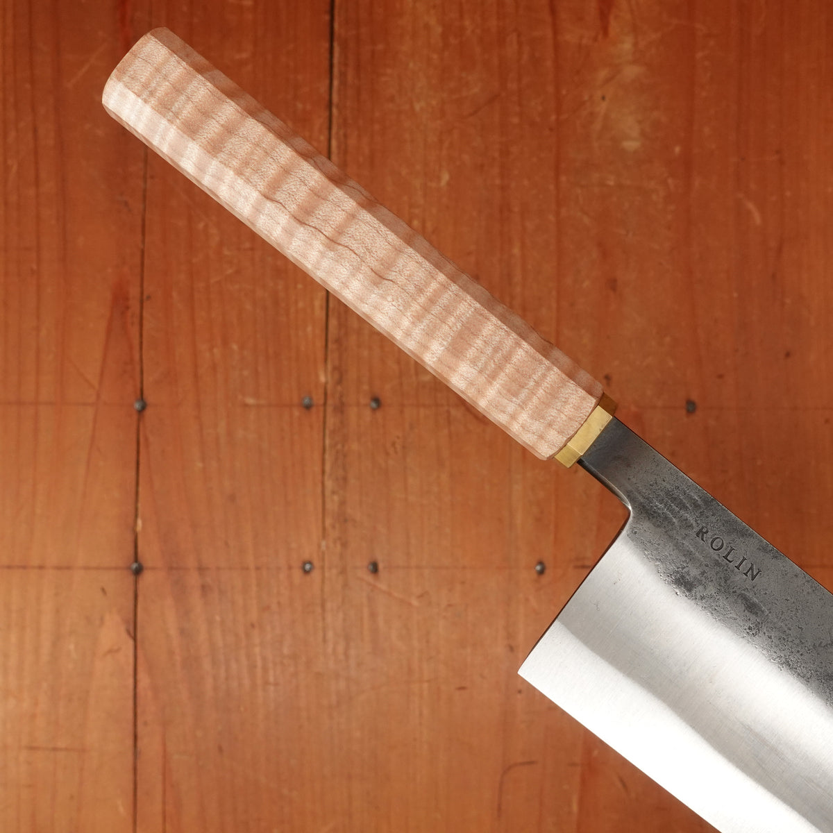 Rolin Knives 170mm Nakiri S Grind Lohman 124.19.05 Carbon Steel Stabilized Curly Maple Brass