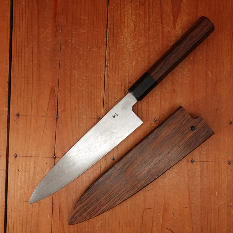 Trade In Yoshikazu Ikeda 210mm Gyuto Aogami 1 Suminagashi Bocote & Ebony Oct Handle Bocote Saya