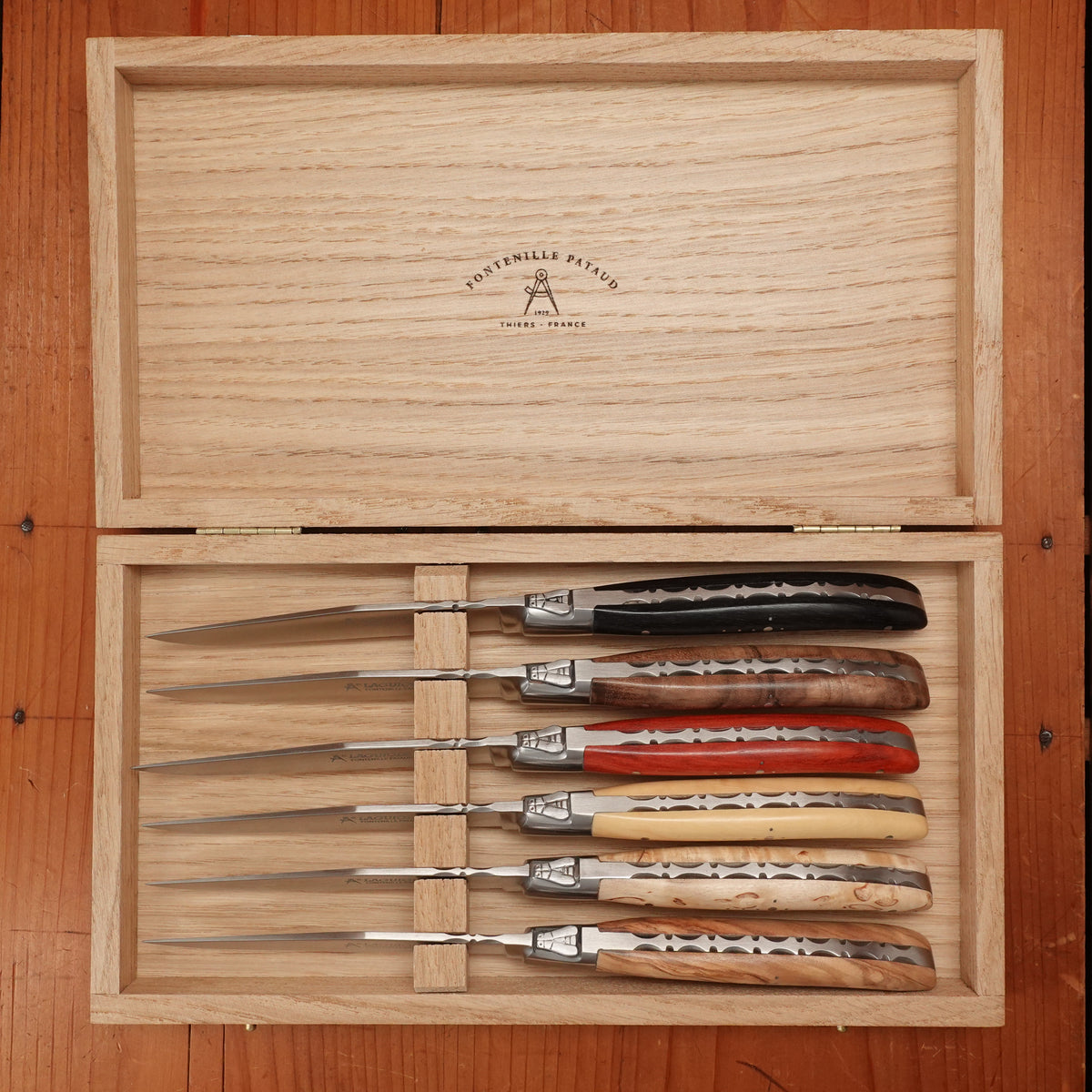 Fontenille Pataud Laguiole Steak Knife Set Stainless Mixed Wood Handles - 6 Pieces