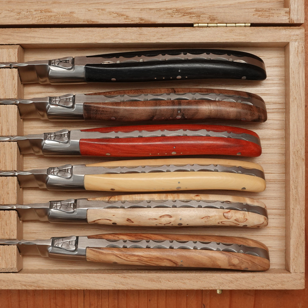 Fontenille Pataud Laguiole Steak Knife Set Stainless Mixed Wood Handles - 6 Pieces