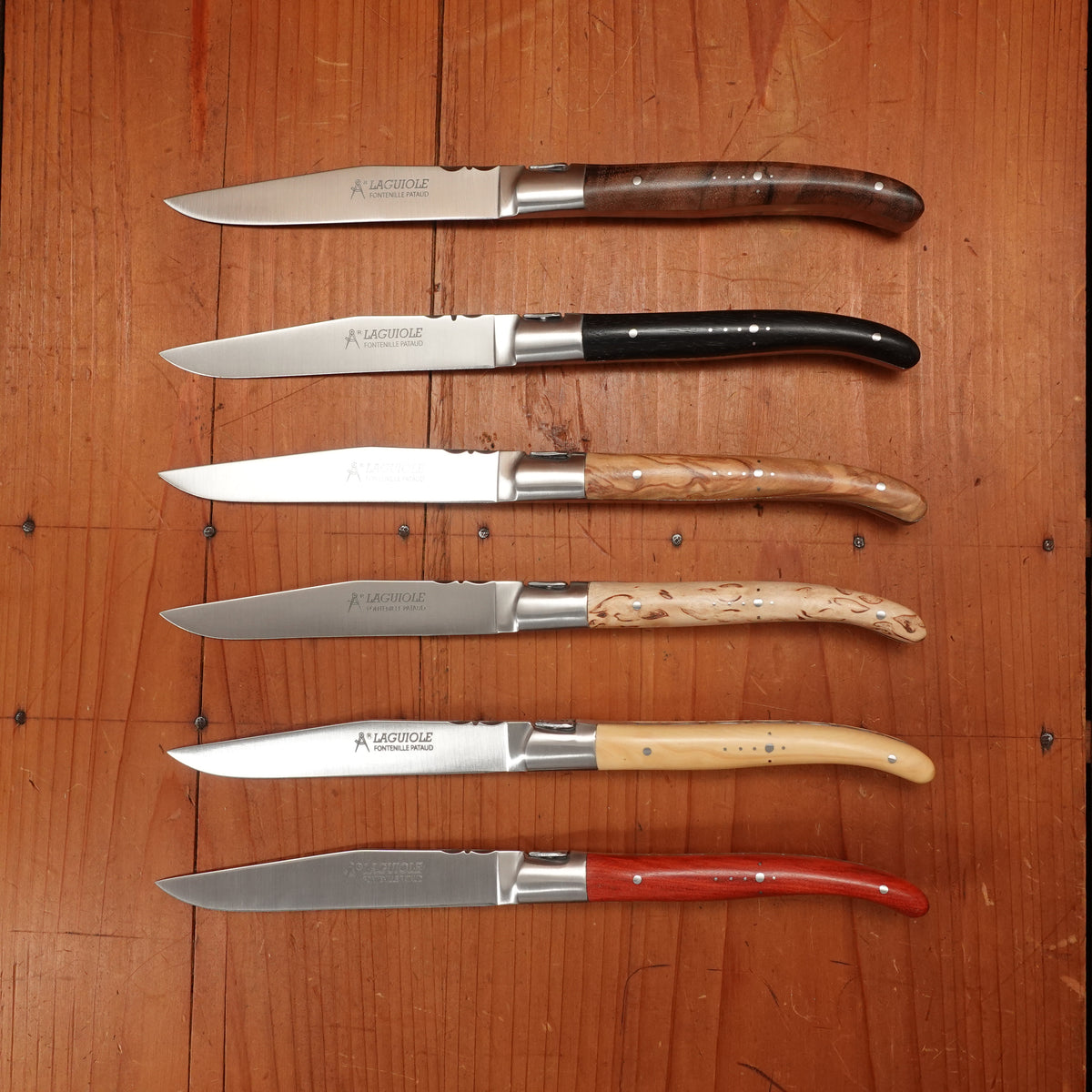 Fontenille Pataud Laguiole Steak Knife Set Stainless Mixed Wood Handles - 6 Pieces