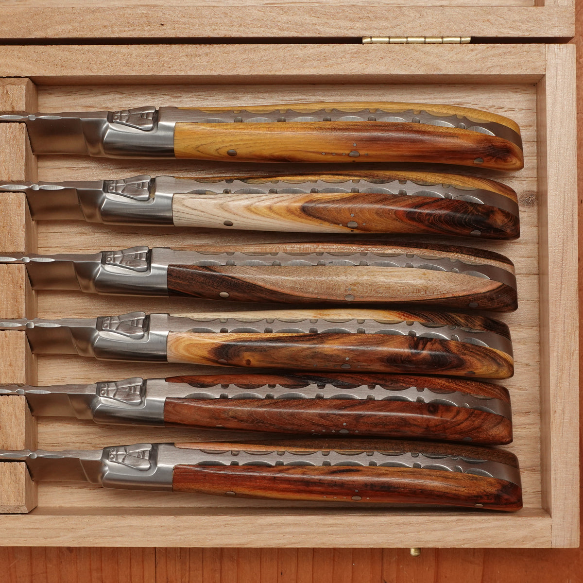 Fontenille Pataud Laguiole Steak Knife Set Stainless Pistachio Wood Handles - 6 Pieces