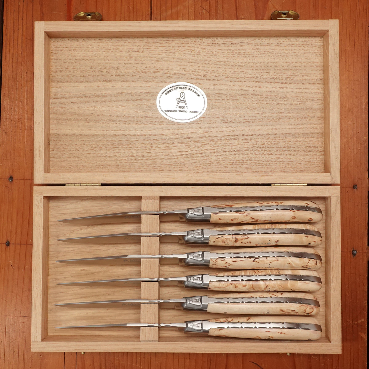 Fontenille Pataud Laguiole Steak Knife Set Stainless Curly Birch Handles - 6 Pieces