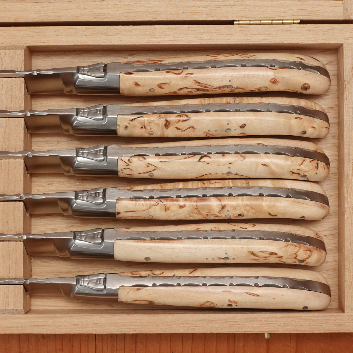 Fontenille Pataud Laguiole Steak Knife Set Stainless Curly Birch Handles - 6 Pieces