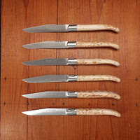 Fontenille Pataud Laguiole Steak Knife Set Stainless Curly Birch Handles - 6 Pieces