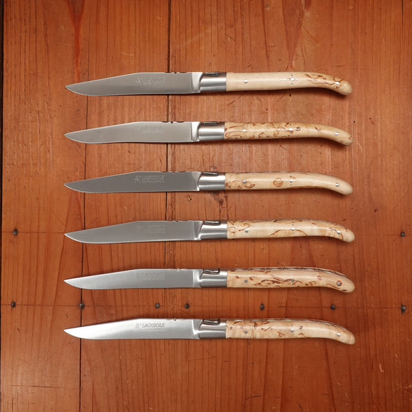 Fontenille Pataud Laguiole Steak Knife Set Stainless Curly Birch Handles - 6 Pieces