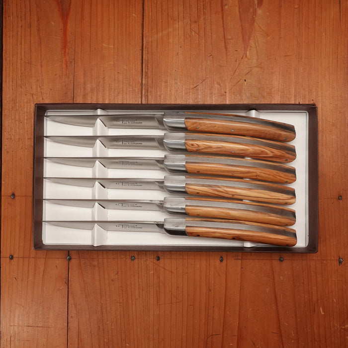 Chazeau Honoré Le Thiers Steak Knife Set Stainless Bolstered Olive Handle - 6 Pieces