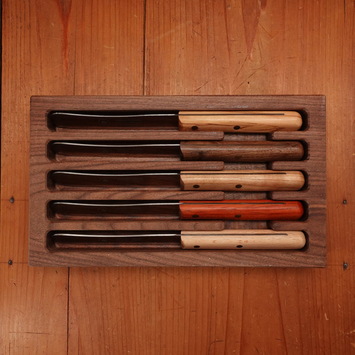 Friedr Herder All Star Buckels Table Knife Set Stainless Mixed Wood Handles with Walnut Box - 6 Pieces