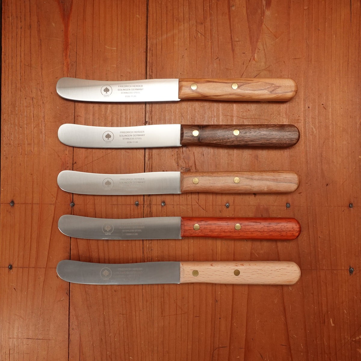 Friedr Herder All Star Buckels Table Knife Set Stainless Mixed Wood Handles with Walnut Box - 6 Pieces