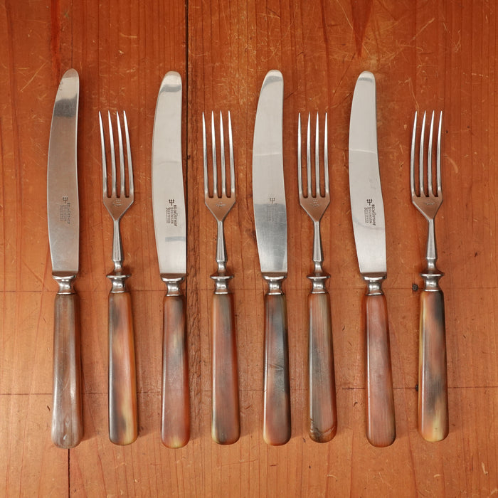 Ed Wusthof Luncheon Knife and Fork 4 Two Piece Settings Stainless & Butterscotch Celluloid Solingen 1920s-30s