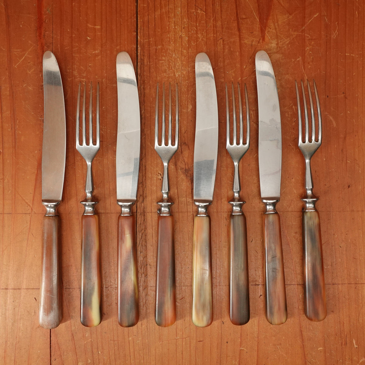 Ed Wusthof Luncheon Knife and Fork 4 Two Piece Settings Stainless & Butterscotch Celluloid Solingen 1920s-30s