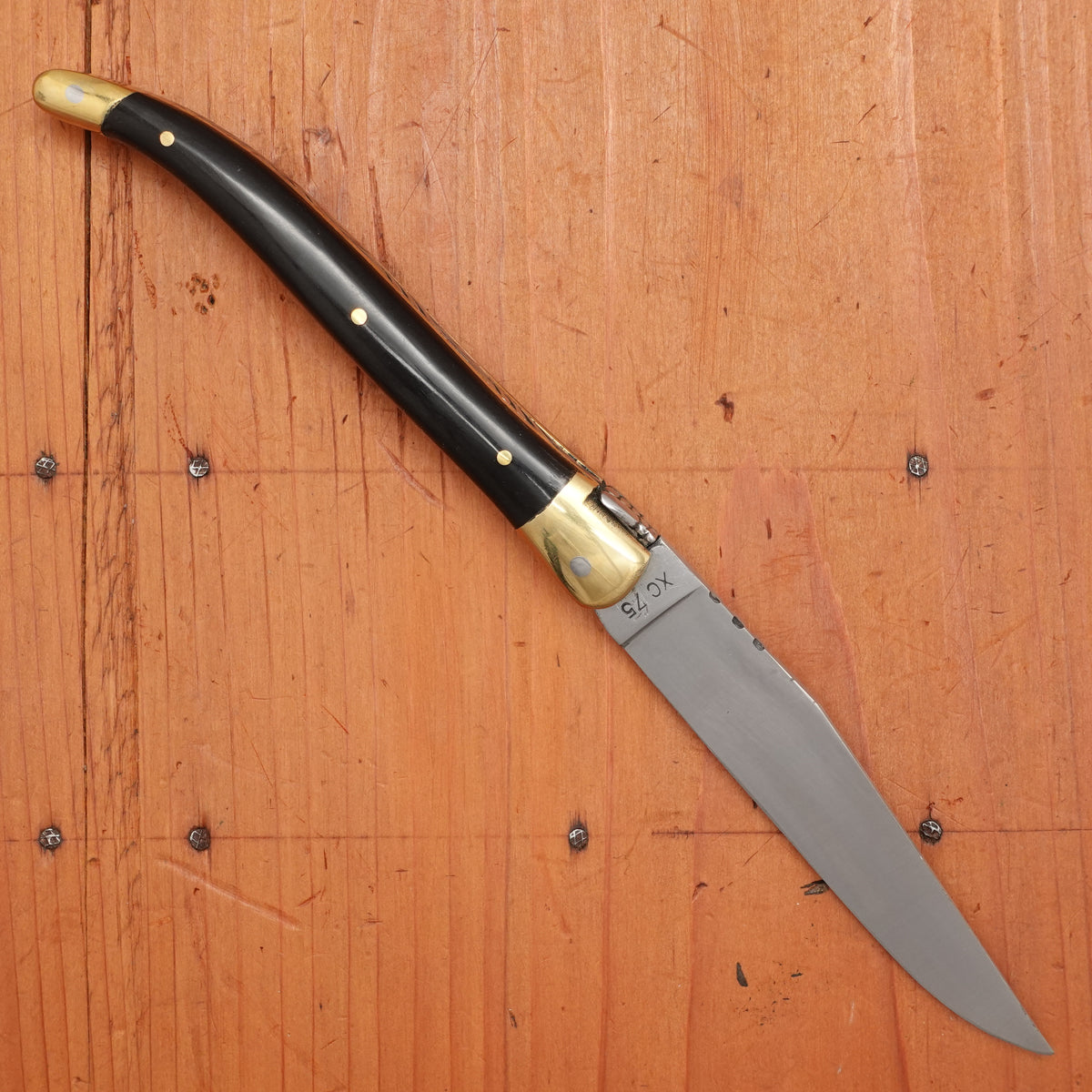 Au Sabot Laguiole 12cm Pocket Knife Carbon Horn Handle with Brass Bolsters