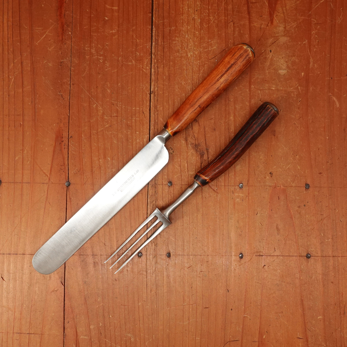 I S Greenberg & Co Table Knife Set "Goffed" Carbon Steel & Stag Sheffield ~1890-1910