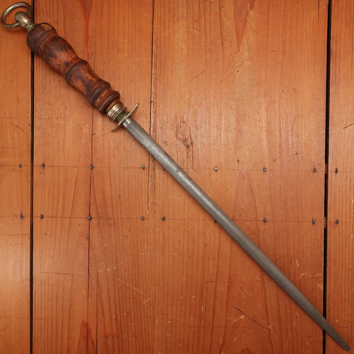 F Dick 14" Sharpening Steel Brass & Turned Wood Handle Germany 1950s-70s