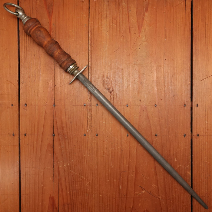 F Dick 14" Sharpening Steel Nickel & Turned Wood Handle Germany 1950s-70s