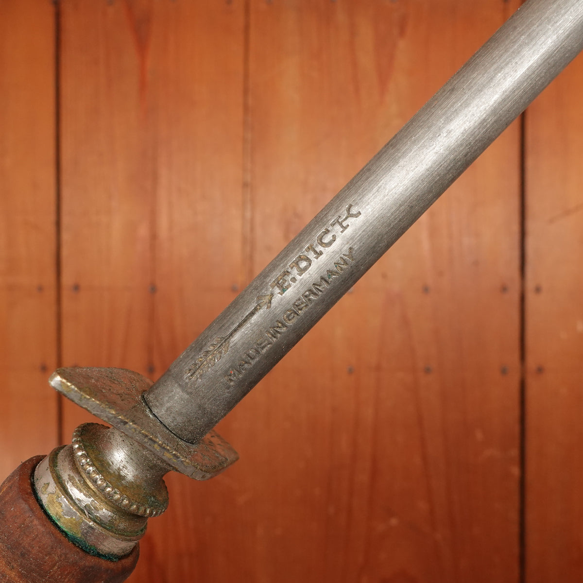 F Dick 14" Sharpening Steel Nickel & Turned Wood Handle Germany 1950s-70s